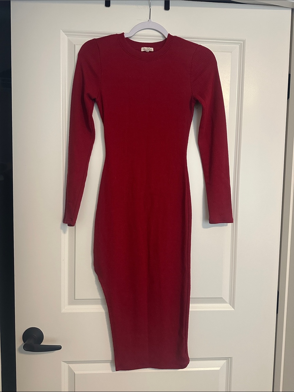 NanaMacs Long Sleeve Ribbed Midi Dress - Deep Red